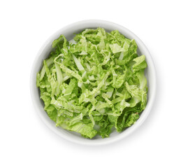 Shredded fresh Chinese cabbage in bowl isolated on white, top view