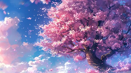 Vibrant cherry blossom branches against a blue sky with floating petals and sunrays