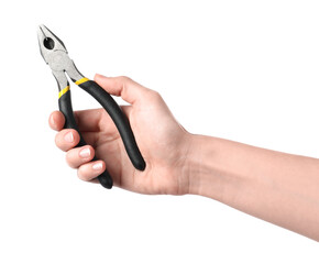 Woman holding combination pliers isolated on white, closeup