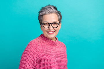 Portrait of toothy beaming positive woman with short hairdo wear pink pullover in eyewear smiling...
