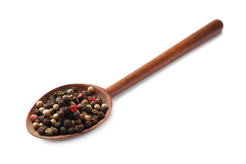 Aromatic spices. Different peppers in wooden spoon isolated on white