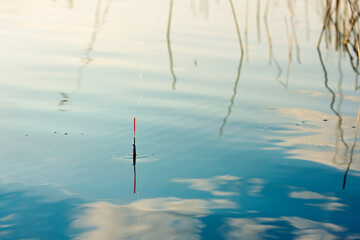 Long red fishing float on the surface of the water
