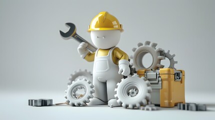 Industrial Worker with Safety Gear Tending Mechanical System