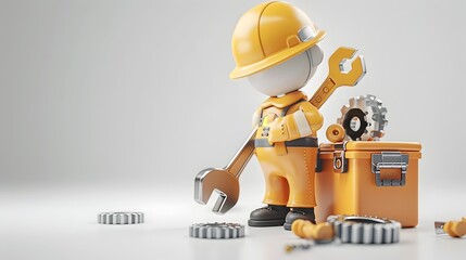 Industrial Maintenance Worker Carrying Toolbox and Wrench with Gears on Minimalist Background