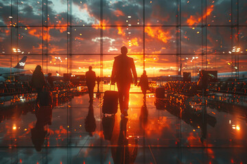 A lone traveler with luggage strides through an airport terminal as a fiery sunset reflects on shiny floors, conveying a sense of journey and anticipation
