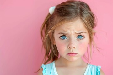 sad crying little girl portrait on pink blue background child emotion expression copy space