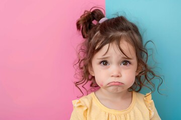 sad crying little girl portrait on pink blue background child emotion expression copy space