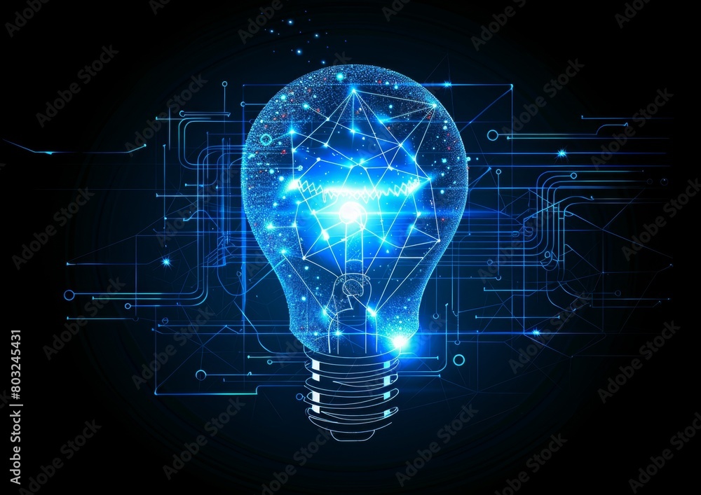 Poster abstract blue light bulb on a digital background with glowing elements and geometric shapes, symboli