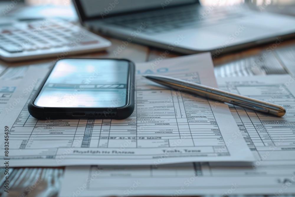 Aufkleber A cell phone resting on a stack of documents. Suitable for business and technology concepts