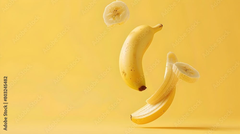Poster sliced banana floating in minimalist yellow setting