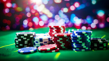 Vibrant poker chips stack on casino table, focus on gambling theme and nightlife