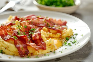 Scrambled eggs with crispy bacon on a white plate