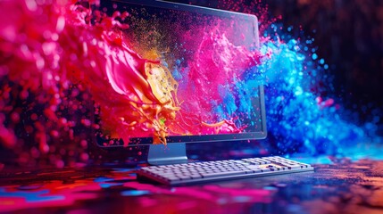 The vibrant computer keyboard adorned with colorful paint and an artistic brush tip perfectly complements the vivid display of colors on the monitor, Generated by AI