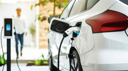 Electric car charging at a modern eco-friendly station, reflecting sustainable urban transport solutions
