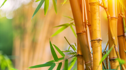 Golden bamboo shoots against a blurred background, emphasizing the natural beauty and texture of bamboo