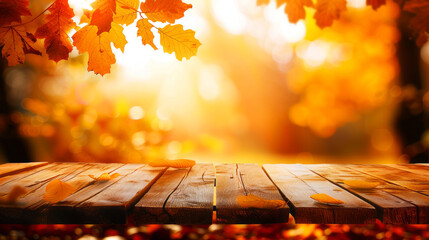 Wooden table in an autumnal setting, foreground focus with a blurred backdrop of warm, glowing fall leaves