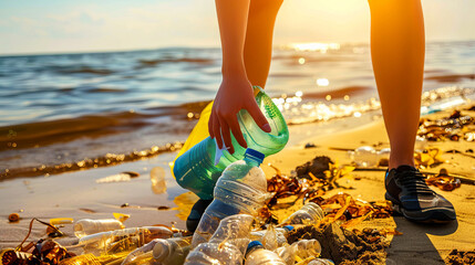Individual collecting a plastic bottle from a polluted beach, showcasing environmental responsibility