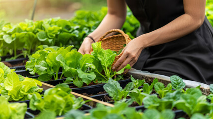 Hands delicately handling young lettuce plants in pots, depicting organic urban gardening