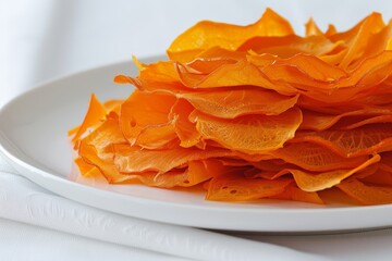 Vibrant orange carrot shavings layered on a white plate.