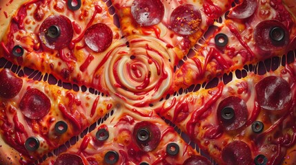 Surreal fiery pizza monster with eyes and sharp teeth in a cosmic background