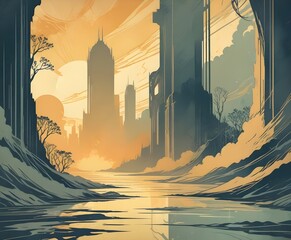 Landscape of a futuristic city in anime-style illustration art