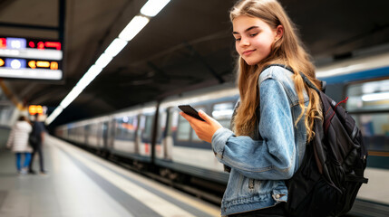 Teenage girl using smartphone in subway station, reflecting the urban lifestyle of young commuters