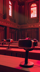 A courtroom with virtual reality headsets, depicting the future of legal proceedings in the digital realm - obrazy, fototapety, plakaty