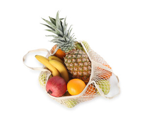 Fresh fruits in string bag isolated on white, top view