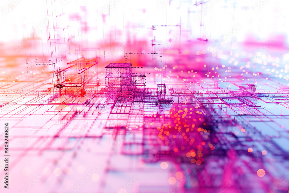 Poster futuristic cityscape in vibrant pink and blue with grid lines and floating data points