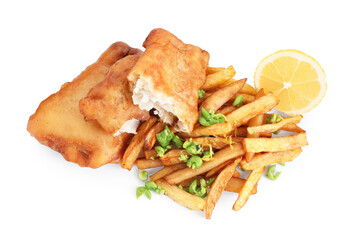 Tasty fish, chips, lemon and peas isolated on white, top view