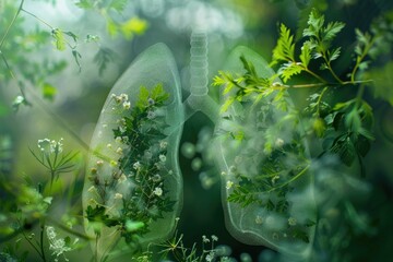 Abstract design of lungs layered with green leaves and tiny flowers, illustrating the beauty of life and natures healing power,