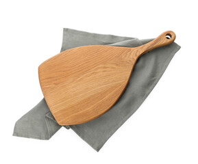Wooden cutting board and napkin isolated on white, top view