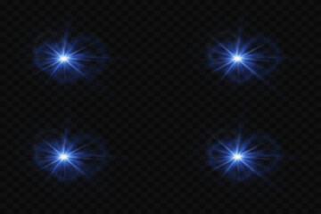 Shining stars, with lens and flare effects. A flash of light and an explosion. On a transparent background. Vector EPS10