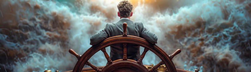 A man standing at the helm of a ship, looking out at a stormy sea. - Powered by Adobe