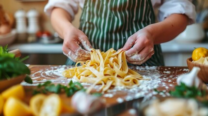 Female chef demonstrating the traditional process of making fresh homemade italian pasta