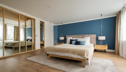 Simple modern bedroom interior ideas, blue wall, cozy bed, minimalistic design