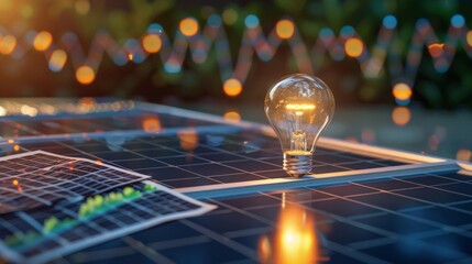 A conceptual image of a lightbulb over a solar panel array, surrounded by financial documents and graphs, highlighting innovation in energy savings
