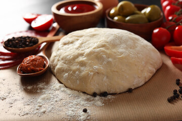 Pizza dough and products on table, closeup