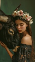 Taurus and girl. It is a portrait of a bull and a girl with straight loose hair, the hair is decorated with flowers, and the background is green. Girl hugging a bull, studio conceptual minimalistic.