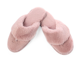 Pair of pink soft slippers isolated on white, above view