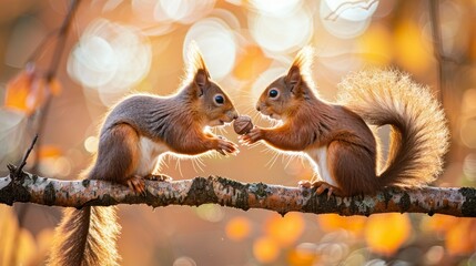 cute squirrels sharing a nut on a branch with blurred background in high definition and high quality hd