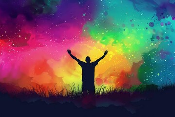 silhouette of person with arms raised towards colorful sky celebrating success and positivity concept illustration