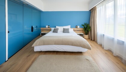 Fototapeta na wymiar Simple modern bedroom interior ideas, blue wall, cozy bed, minimalistic design