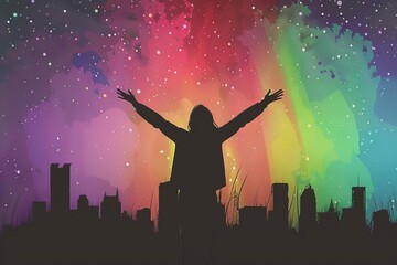 silhouette of person with arms raised towards colorful sky celebrating success and positivity concept illustration