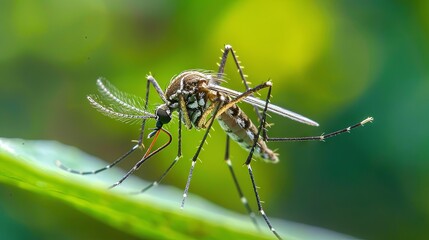 Close-up of a mosquito resting on a green leaf