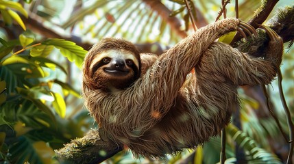 Naklejka premium Smiling sloth hanging from a lush green branch