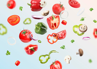 Different fresh vegetables in air on light blue gradient background