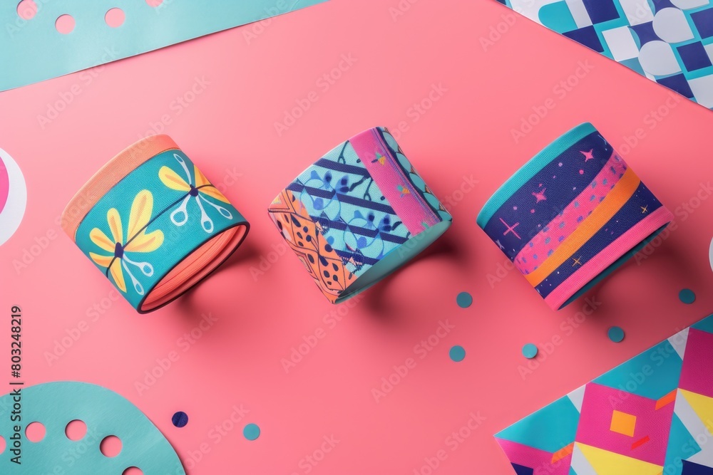 Poster three cups placed on a pink table surface. suitable for various lifestyle and beverage concepts