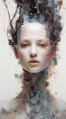 Futuristic cyborg woman with abstract digital art elements