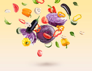 Different fresh vegetables in air on yellow gradient background